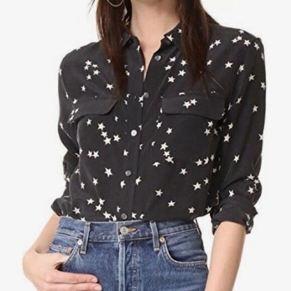 Equipment Tops - Equipment Femme 100% Silk Crepe Button Down Black Top White Star Print Blouse L